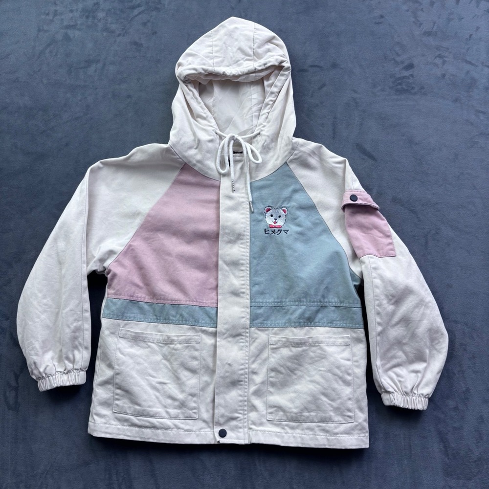 V-BEON Colorblock Hooded Utility Jacket Bear Embroidery Pastel Cream Pink Medium